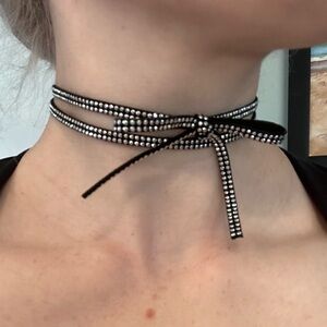 Black Fabric Rhinestone Sparkly Bow Choker Necklace